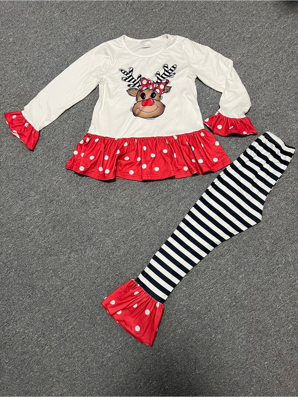 Girls White & Red Reindeer Peplum Top with Striped Pants PJ Set 7-8T